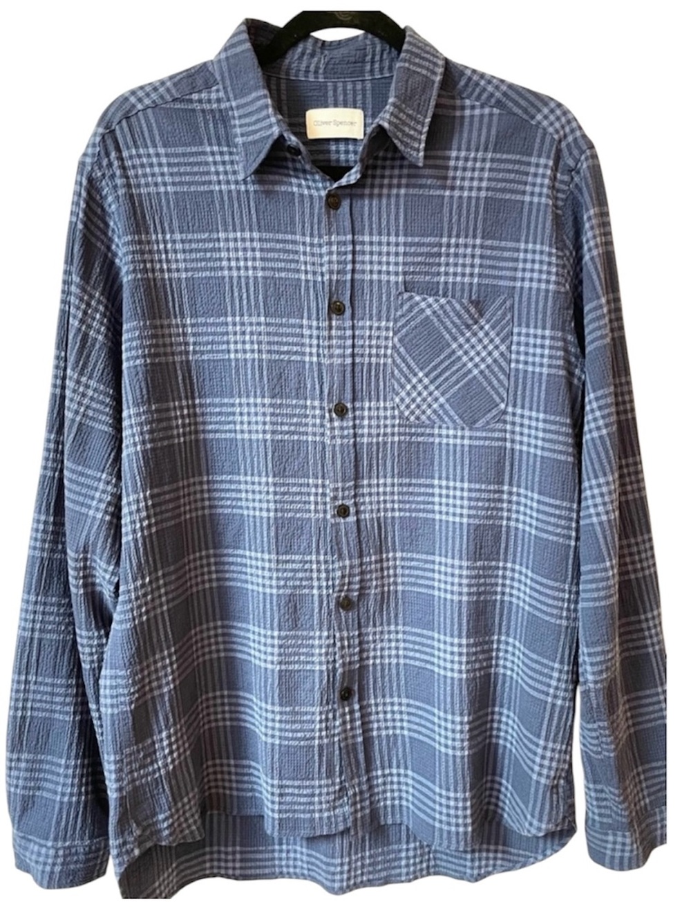 Oliver Spencer Linley Cotton Button-Up Shirt L Blue Plaid Long Sleeve Casual